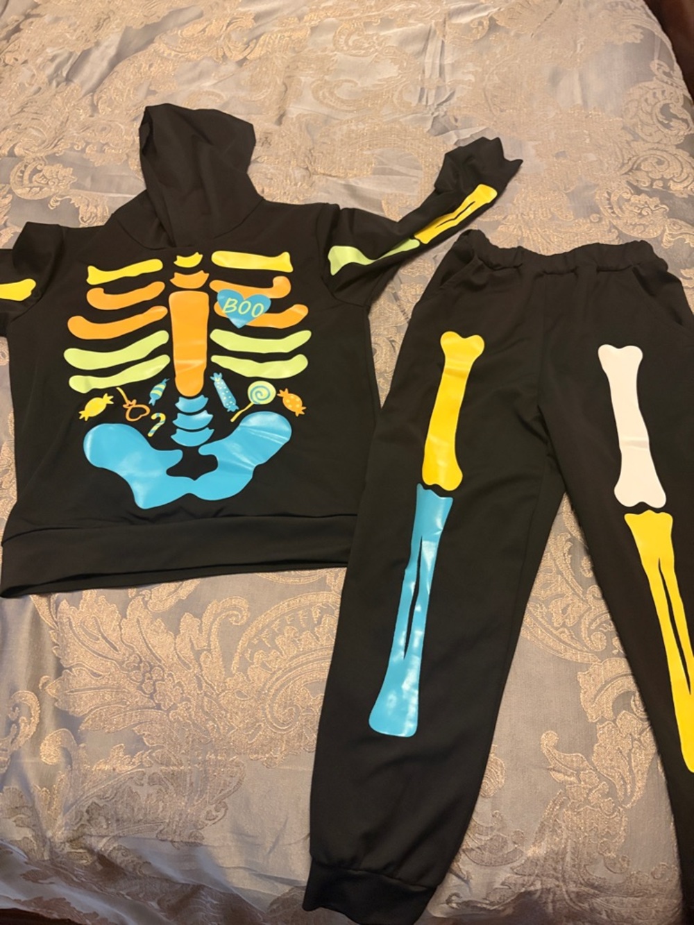 Kids Glow Skeleton Hoodie & Joggers Set - Black with Neon Bones—Size 8